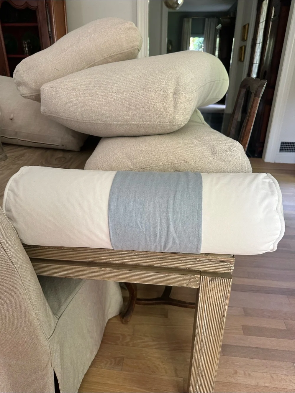 Dorm Decor White Bolster Pillow with Light Blue Center Band